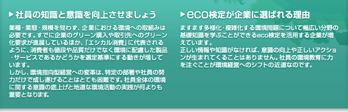 社員の知識と意識を向上させましょう | 業種・業態・規模を問わず、企業における環境への取組みは必要です。すでに企業のグリーン購入や取引先へのグリーン化要求が進展しているほか、「エシカル消費」に代表されるように、消費者も値段や品質だけでなく環境に配慮した製品・サービスであるかどうかを選定基準にする動きが増しています。しかし、環境指向型経営への変革は、特定の部署や社員の努力だけで成し遂げることはとても困難です。社員全体の環境に関する意識の底上げと地道な環境活動の実践が何よりも重要となります。 | eco検定が企業に選ばれる理由 | ますます多様化・複雑化する環境問題について幅広い分野の基礎知識を学ぶことができるeco検定を活用する企業が増えています。正しい情報や知識がなければ、意識の向上や正しいアクションが生まれてくることはありません。社員の環境教育に力を注ぐことが環境経営へのシフトの近道なのです。