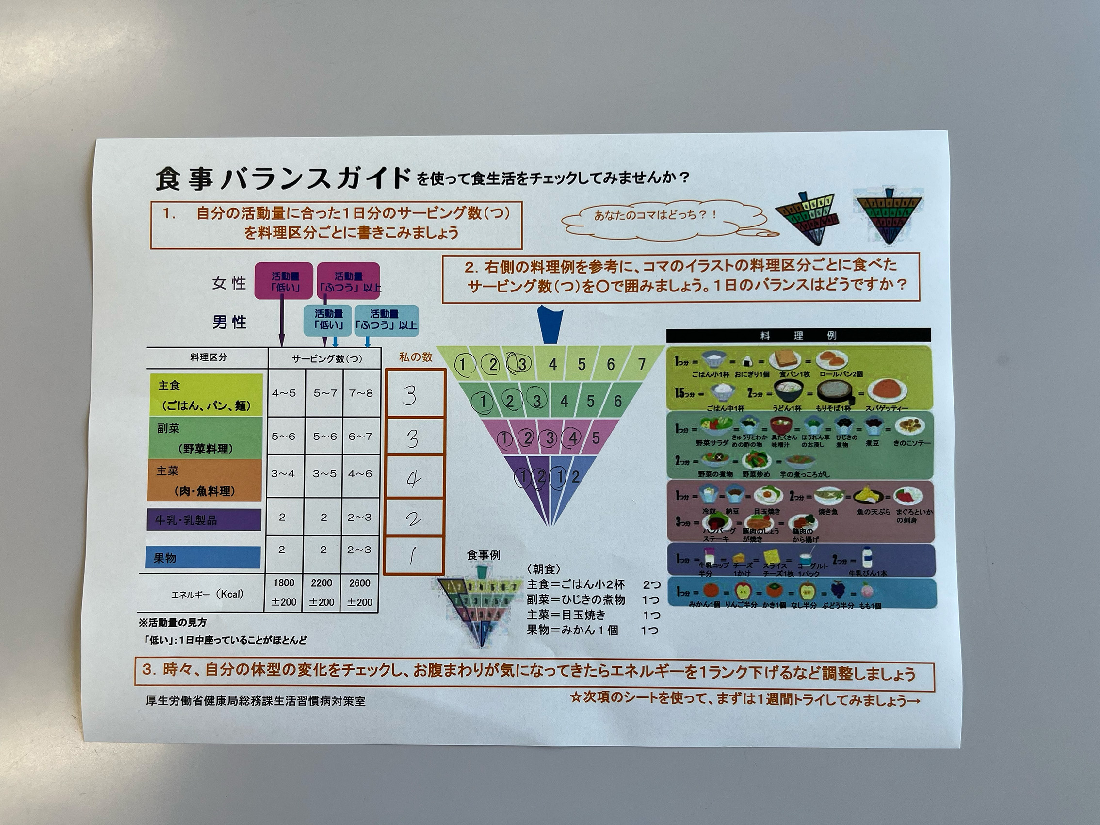 月1回の定例会議で議題にした食事バランスガイド（厚生労働省の資料を引用）