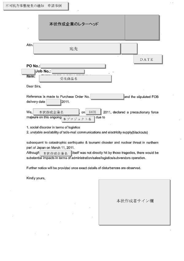 32. Notice of force majeure（不可抗力事態発生の通知）（3）不可抗力事態となる可能性のあることを予め通知する例